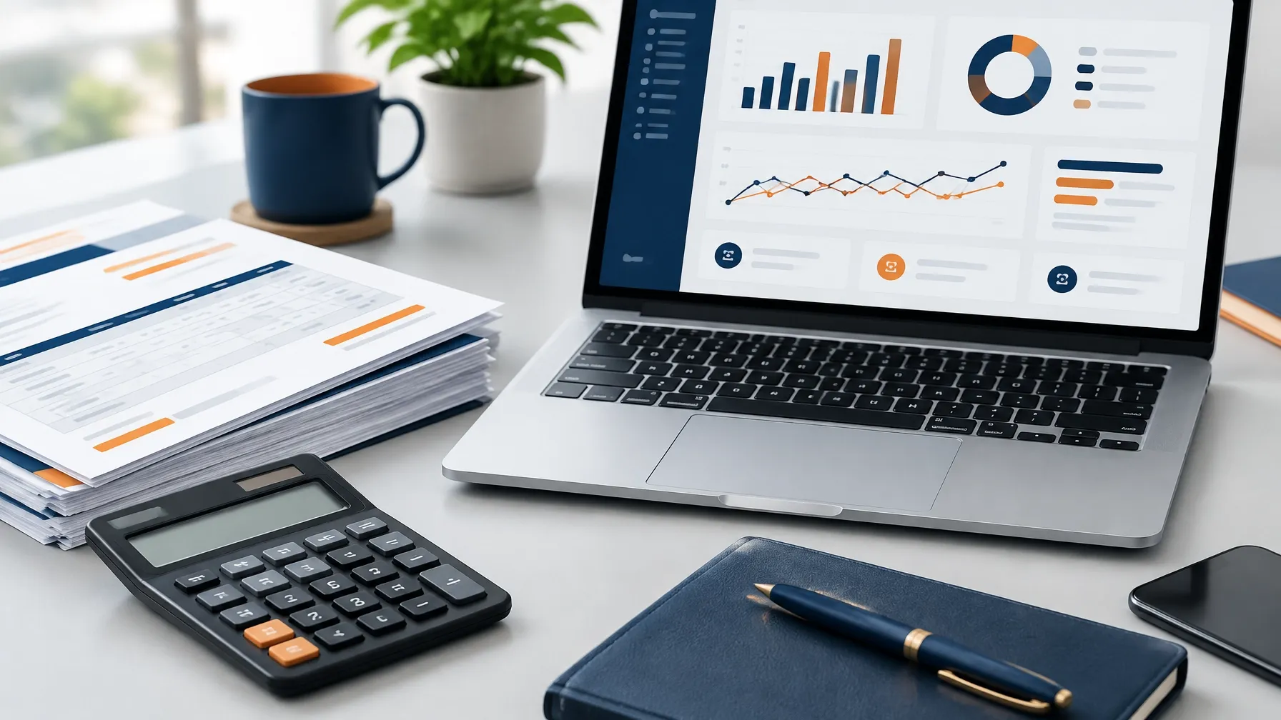 GST compliance dashboard on a laptop beside tax records and a calculator