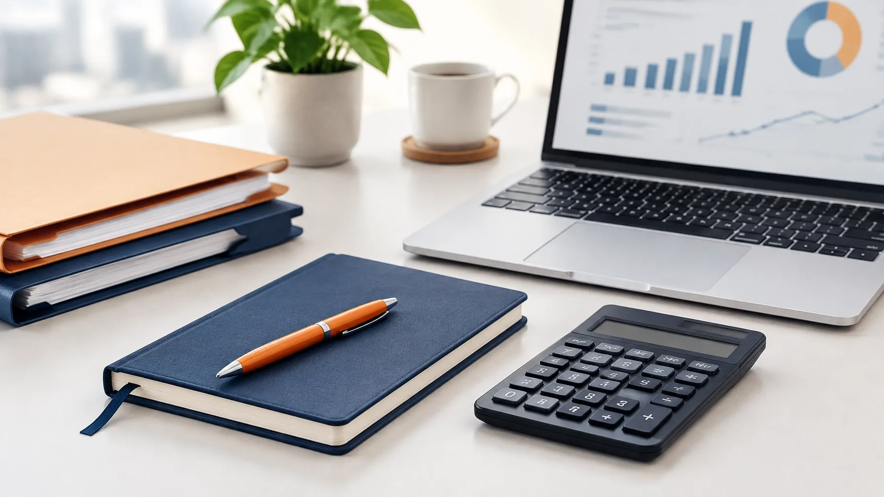 Business finance workspace with GST records, a laptop dashboard and calculator